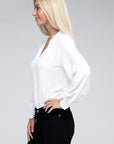 Zenana Woven Airflow V-Neck Long Sleeve Top