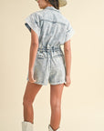 Annie Wear Elastic Waistband Short Sleeve Denim Romper