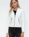 Snobbish Faux Leather Zip Up Drawstring Hooded Jacket