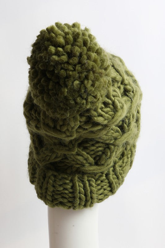 Oversized Chunky Knit Pom Beanie in Olive