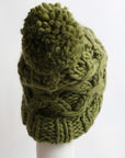 Oversized Chunky Knit Pom Beanie in Olive