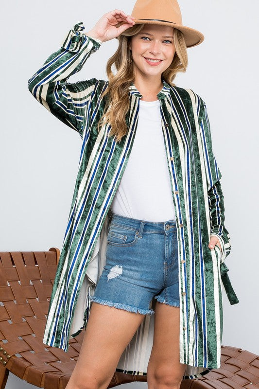 e Luna Striped Velvet Long Cardigan