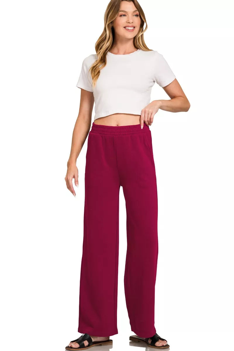 Zenana French Rib Pullover and Pants Set in Burgurndy