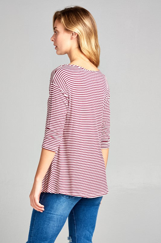 e Luna Striped Jersey Lace Up Neck Casual Top