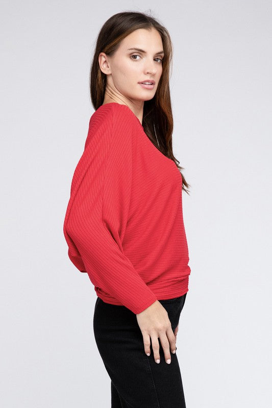 Zenana Ribbed Batwing Long Sleeve Boat Neck Sweater