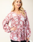 Celeste Full Size Tiered Floral V-Neck Long Sleeve Blouse