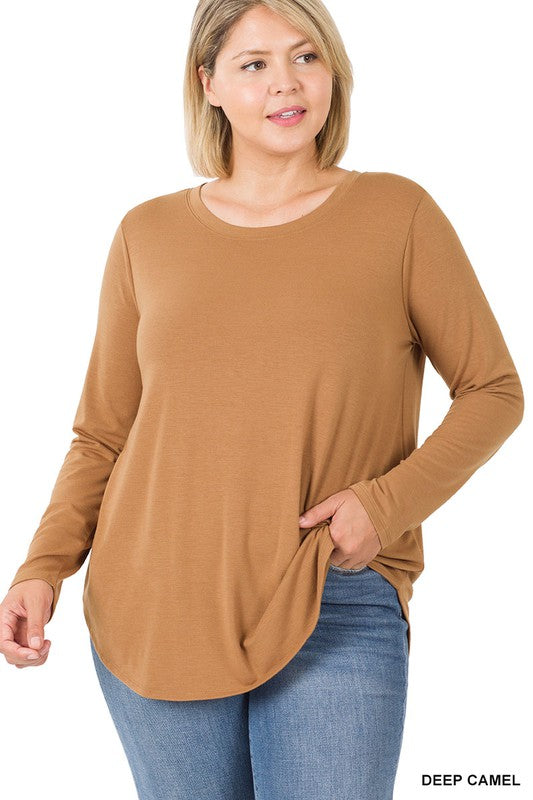 Zenana Plus Long Sleeve Round Neck Round Hem Top