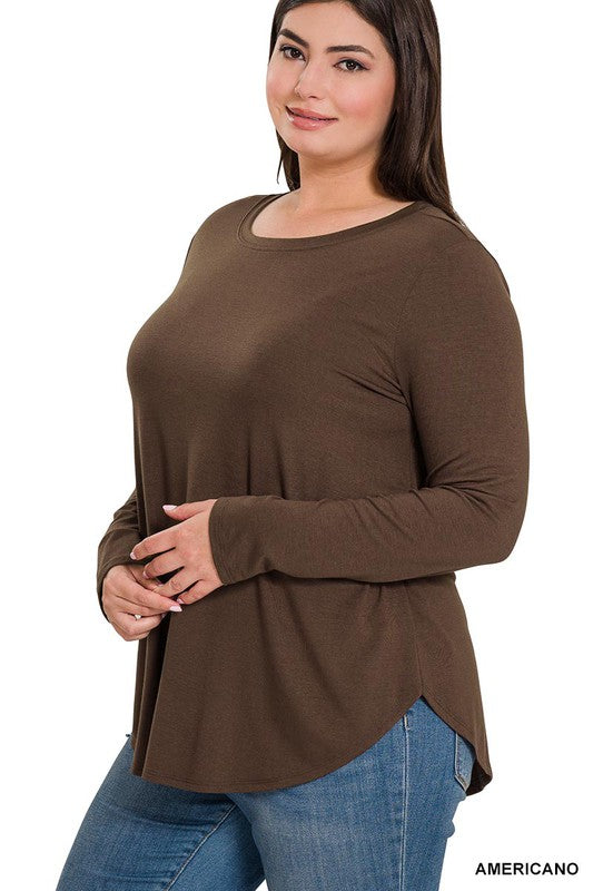 Zenana Plus Long Sleeve Round Neck Round Hem Top