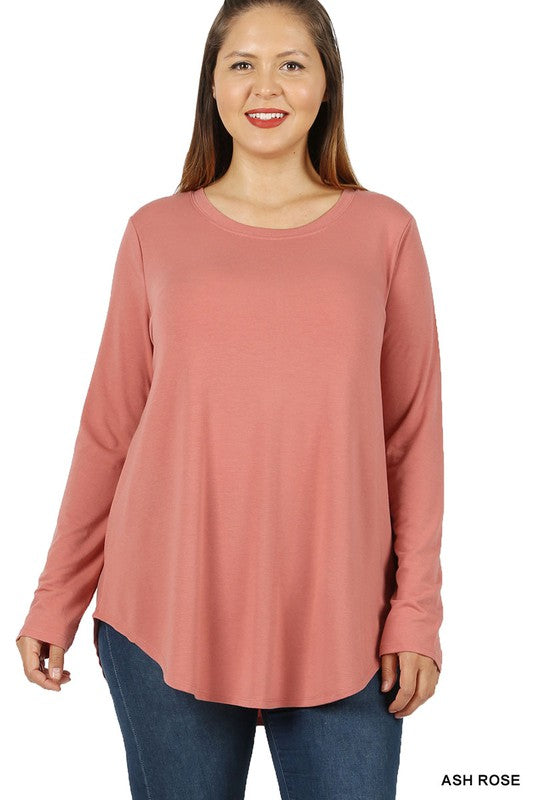 Zenana Plus Long Sleeve Round Neck Round Hem Top