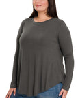 Zenana Plus Long Sleeve Round Neck Round Hem Top