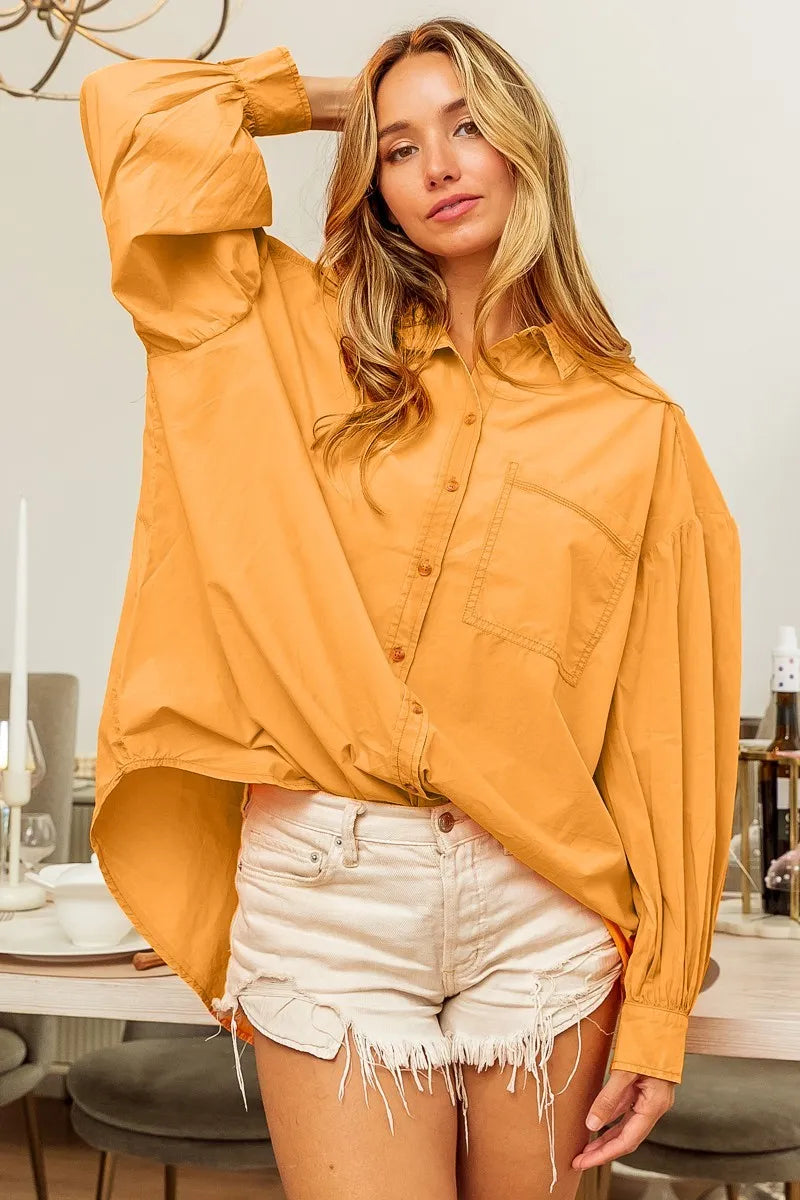 BiBi Vintage Washed Gathered Sleeve Oversized Shirt