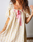 Floral Contrast Ribbon Bow Lace Square Mini Dress