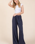 BOMBOM Elastic Waist Wide Leg Pants with Pockets