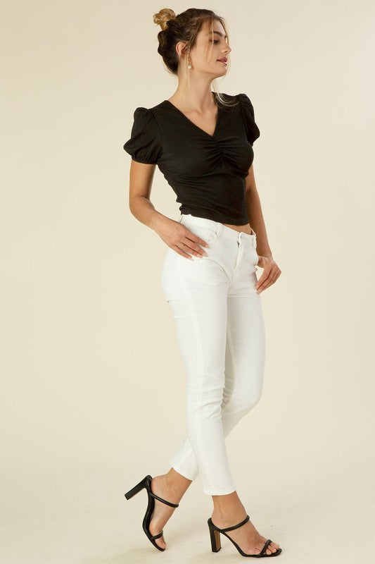 Lilou Shirred V-Neck Top with Puff Sleeves