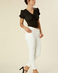 Lilou Shirred V-Neck Top with Puff Sleeves