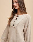 Annie Wear Half Button Ribbed Hem Sweater