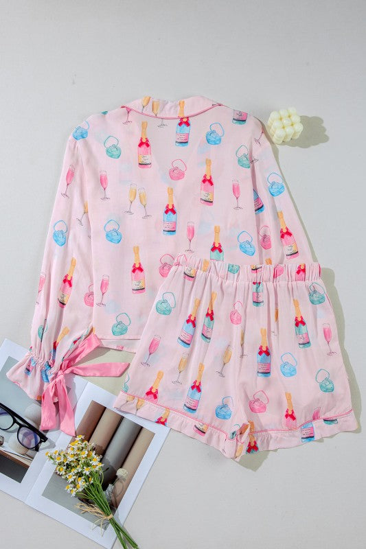 Christmas Wine Glass Bow Knot Pajama Set