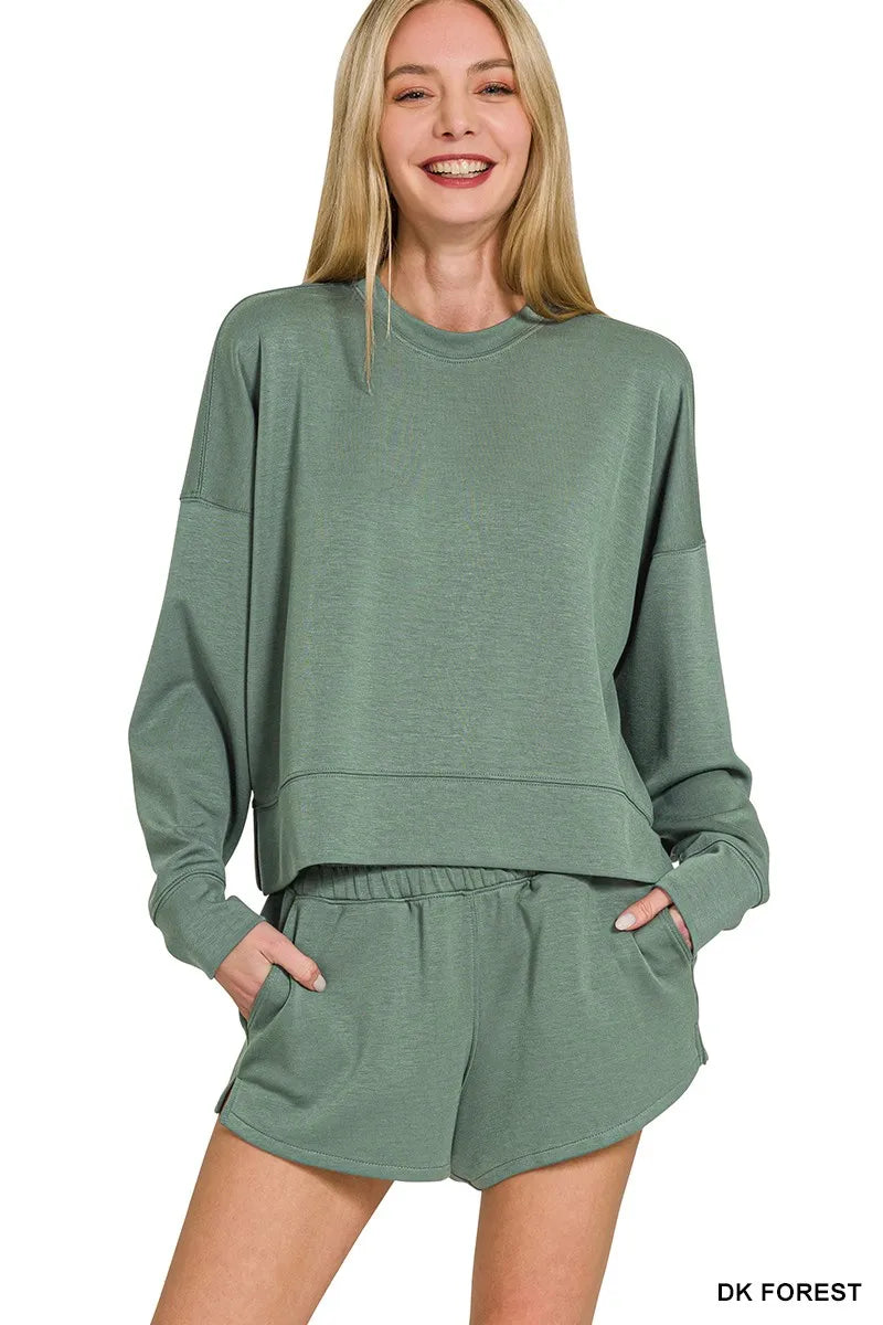 Zenana Scuba Long Sleeve Sweatshirts & Shorts Set in Forest