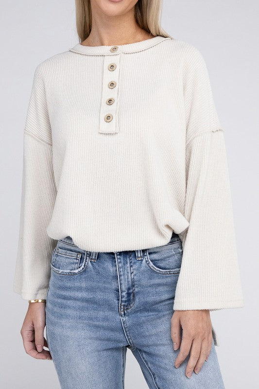 Zenana Ribbed Brushed Melange Hacci Henley Sweater