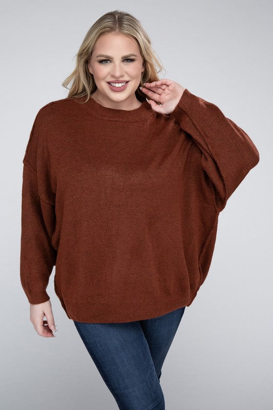 Zenana Plus Oversized Round Neck Raw Seam Melange Sweater