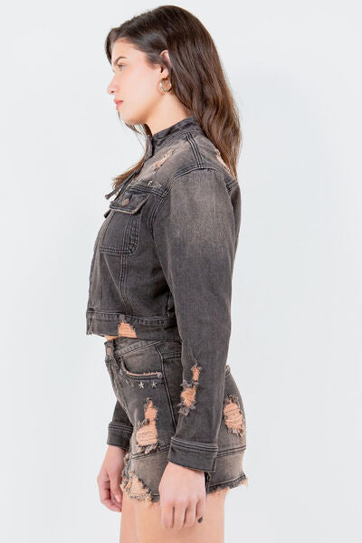 American Bazi Full Size Distressed Star Stud Trim Denim Rider Jacket Plus Size