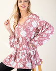 Celeste Full Size Tiered Floral V-Neck Long Sleeve Blouse