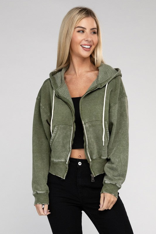 ZENANA Acid Wash Fleece Cropped Zip-Up Hoodie