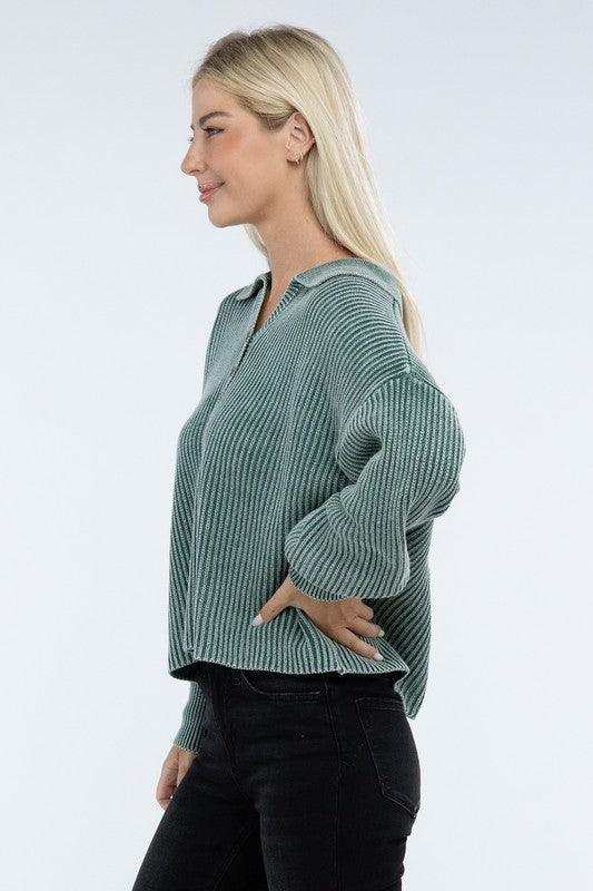 ZENANA Washed Collared Henley Sweater