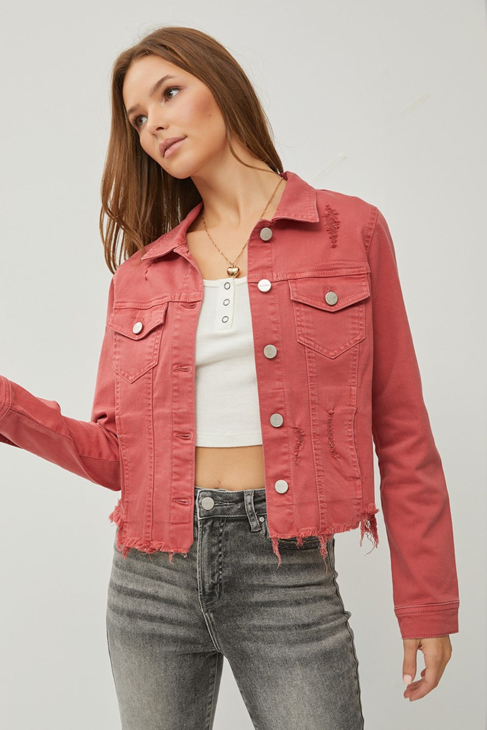 RISEN Full Size Raw Hem Button Up Cropped Denim Jacket Plus Size