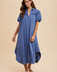 Annie Wear Mineral Washed Button Down Puff Sleeve Shirt Dress