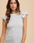 Annie Wear Ruffled Striped Round Neck Cap Sleeve Knit Top