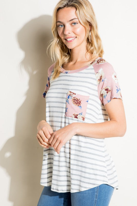 e Luna Striped Floral Mix Pocket Top