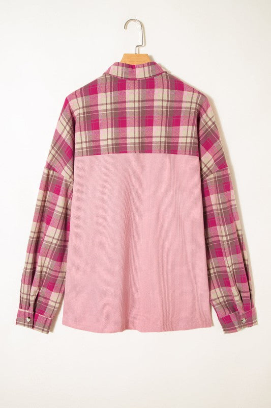 Plus Size Plaid Patchwork Waffle Shirt