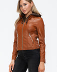 Snobbish Faux Leather Zip Up Drawstring Hooded Jacket