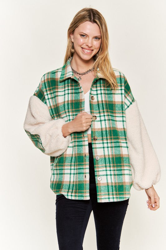 Jade By Jane Plus Size Multi Plaid Fuzzy Sleeve Jacket