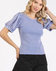 Mittoshop Mineral Wash Puff Sleeve Rib Knit T-Shirt