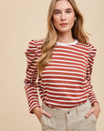 Annie Wear Striped Round Neck Puff Sleeve French Terry Top