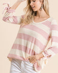 Reborn J Ribbon Cuff Contrast Striped Hacci Top