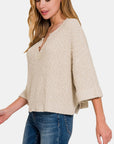 Zenana Notched Side Slit Patch Sweater