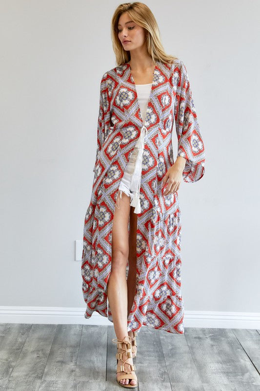 Davi &amp; Dani Printed Long Sleeve Loose Kimono - Online Only