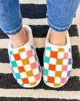 White Vibrant Checkered Plush Thermal Slippers