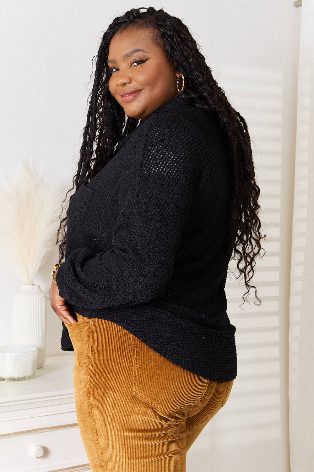 Double Take Waffle-Knit Collared Shirt