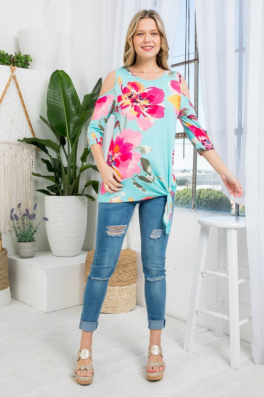 e Luna Allover Floral Cold Shoulder Top