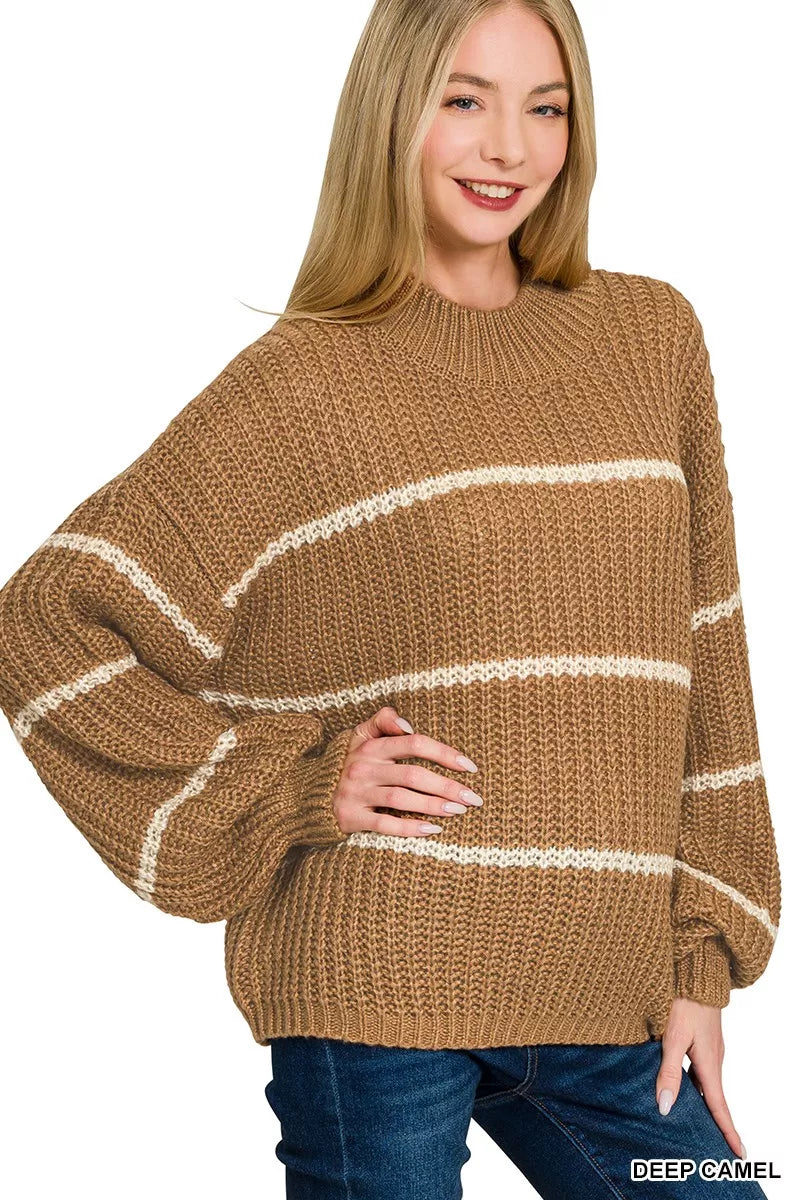 Zenana Oversize Striped Sweater in Camel