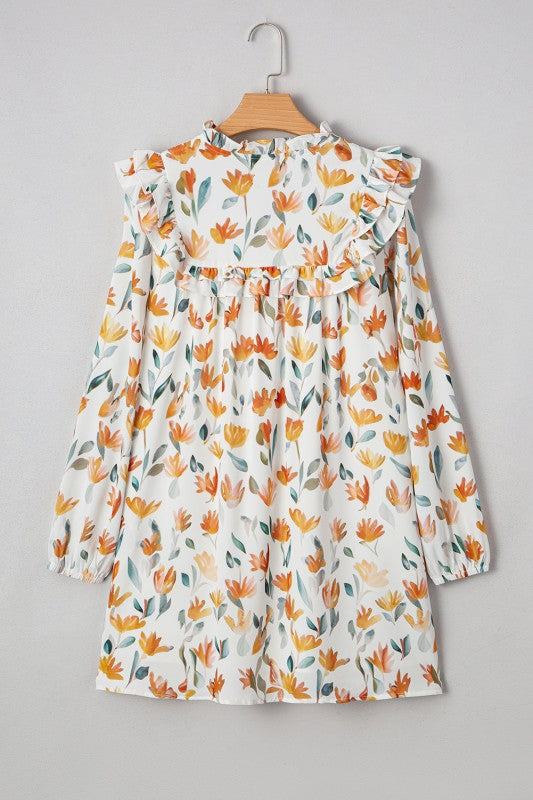 Floral Tied V-Neck Long Sleeve Mini Dress