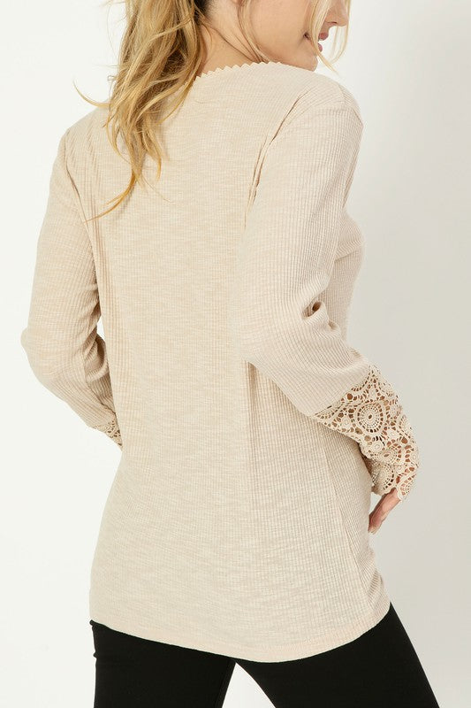 Henley Neck Tee with Lace Trim