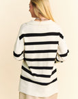 Davi & Dani High-Low Side Slit Striped Johnny Collar Sweater