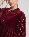 Umgee Pearl Detail Collared Neck Velvet Babydoll Blouse