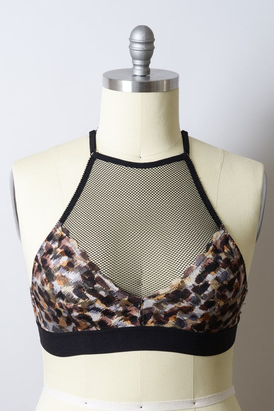 Leto Accessories Plus Size Mesh Print High Neck Bralette