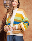 Davi & Dani Contrast Striped Open Front Lantern Sleeve Cardigan